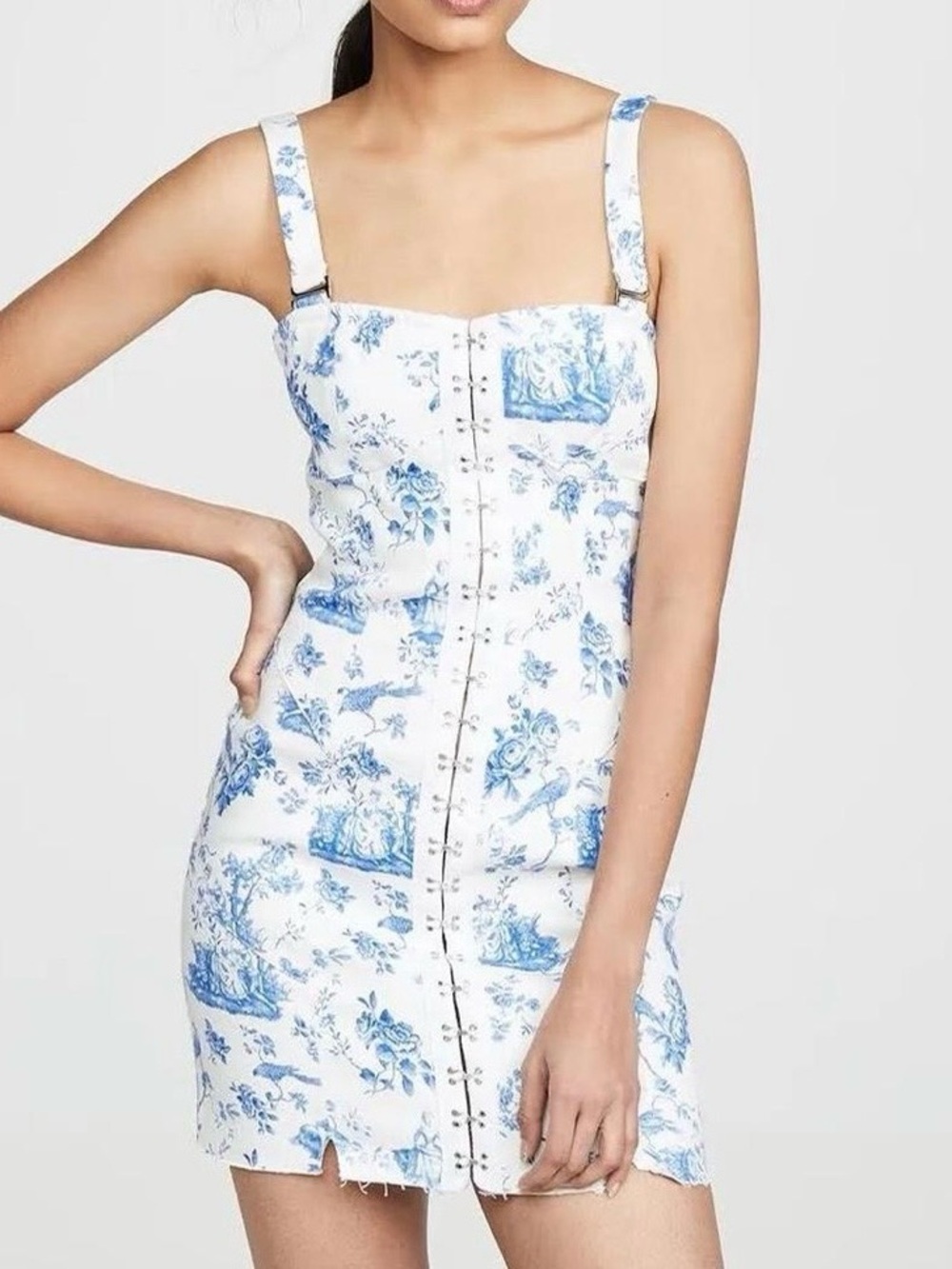 For Love & Lemons White Denim Mini Dress with Blue Floral Print - Size XS